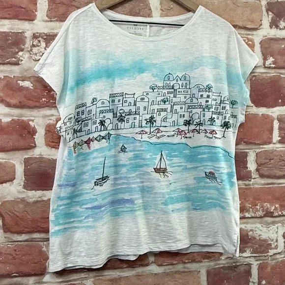 Talbots T Shirt Women's XL Multicolor Coastal Sailboats Beach Travel Graphic Top - Picture 2 of 8